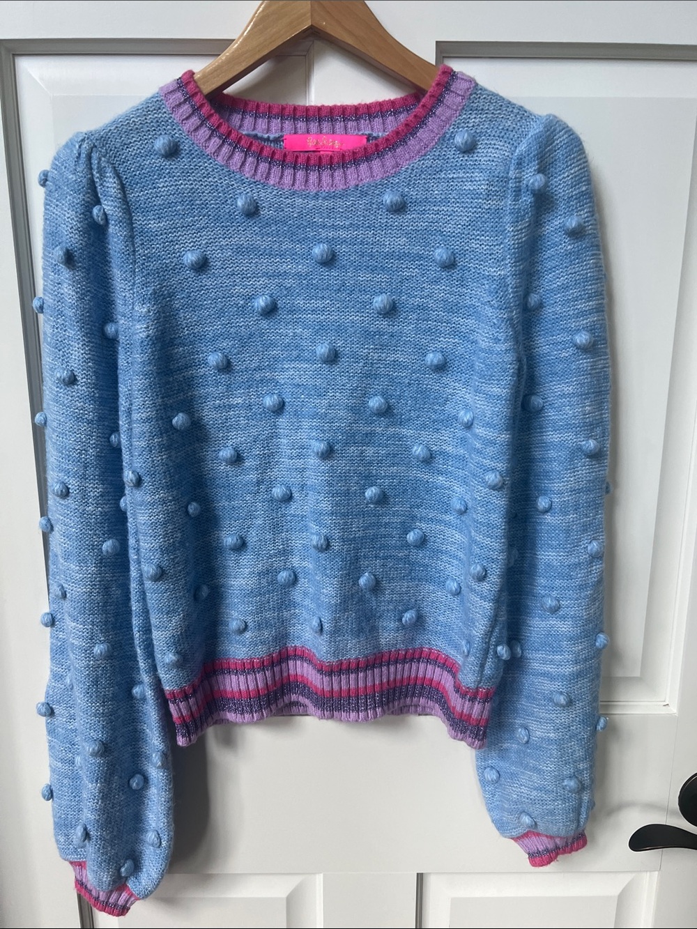 Lilly Pulitzer Verna Peri Blue Pom Pom Crewneck Sweater Pink & Purple Trim XS